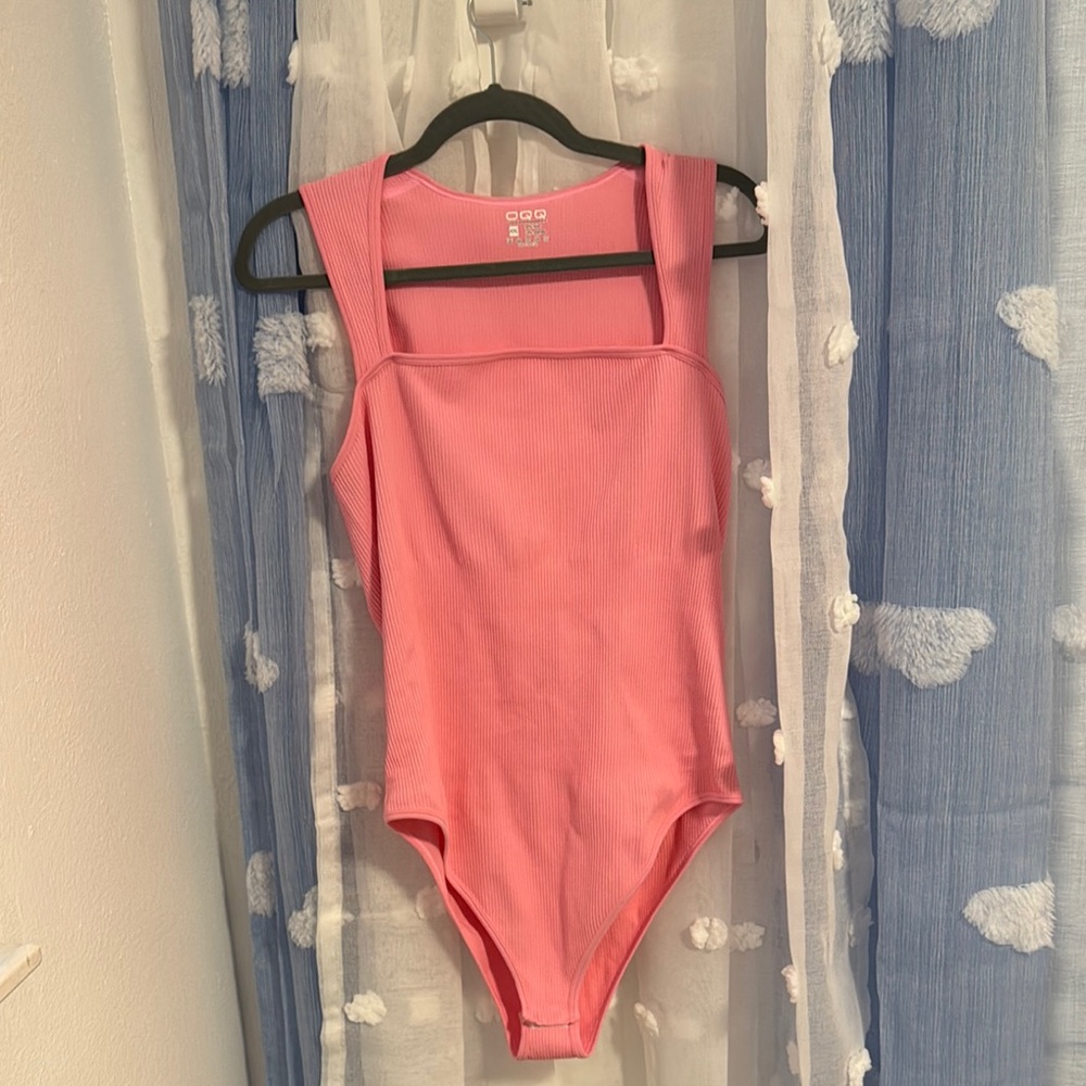 OQQ Coral Ribbed Bodysuit